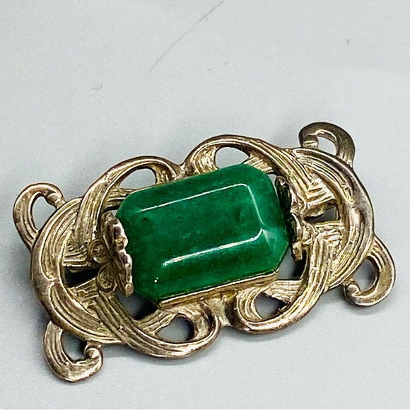 Vintage Art Nouveau Sterling Silver Pin Chrysoprase Stone - Picture 7 of 16